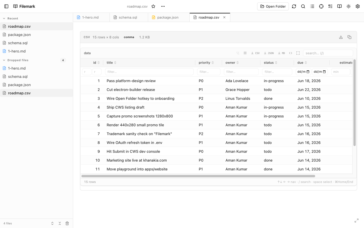 CSV rendered as an interactive datagrid with badges and filters.