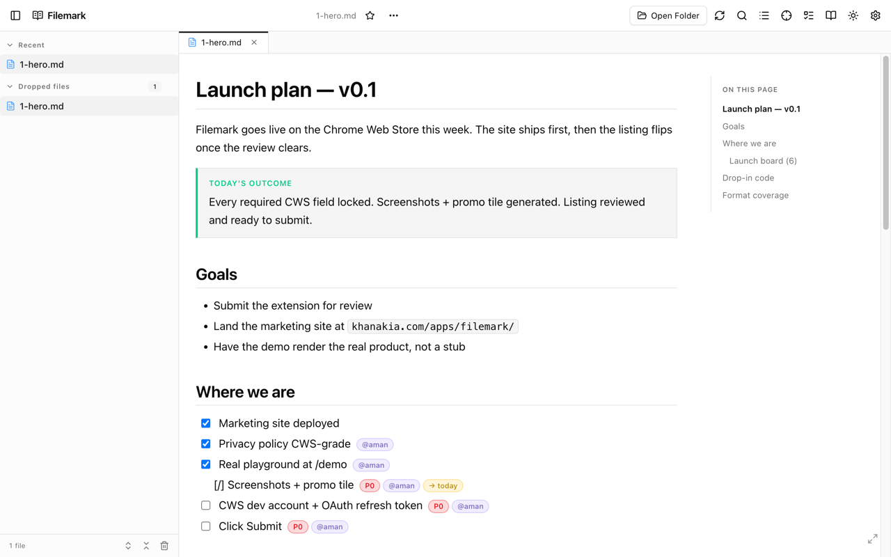 Markdown rendered with tables, callouts, and a code block.