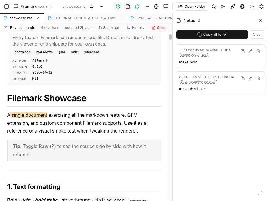 The Filemark notes side panel listing review notes with their quotes and section references