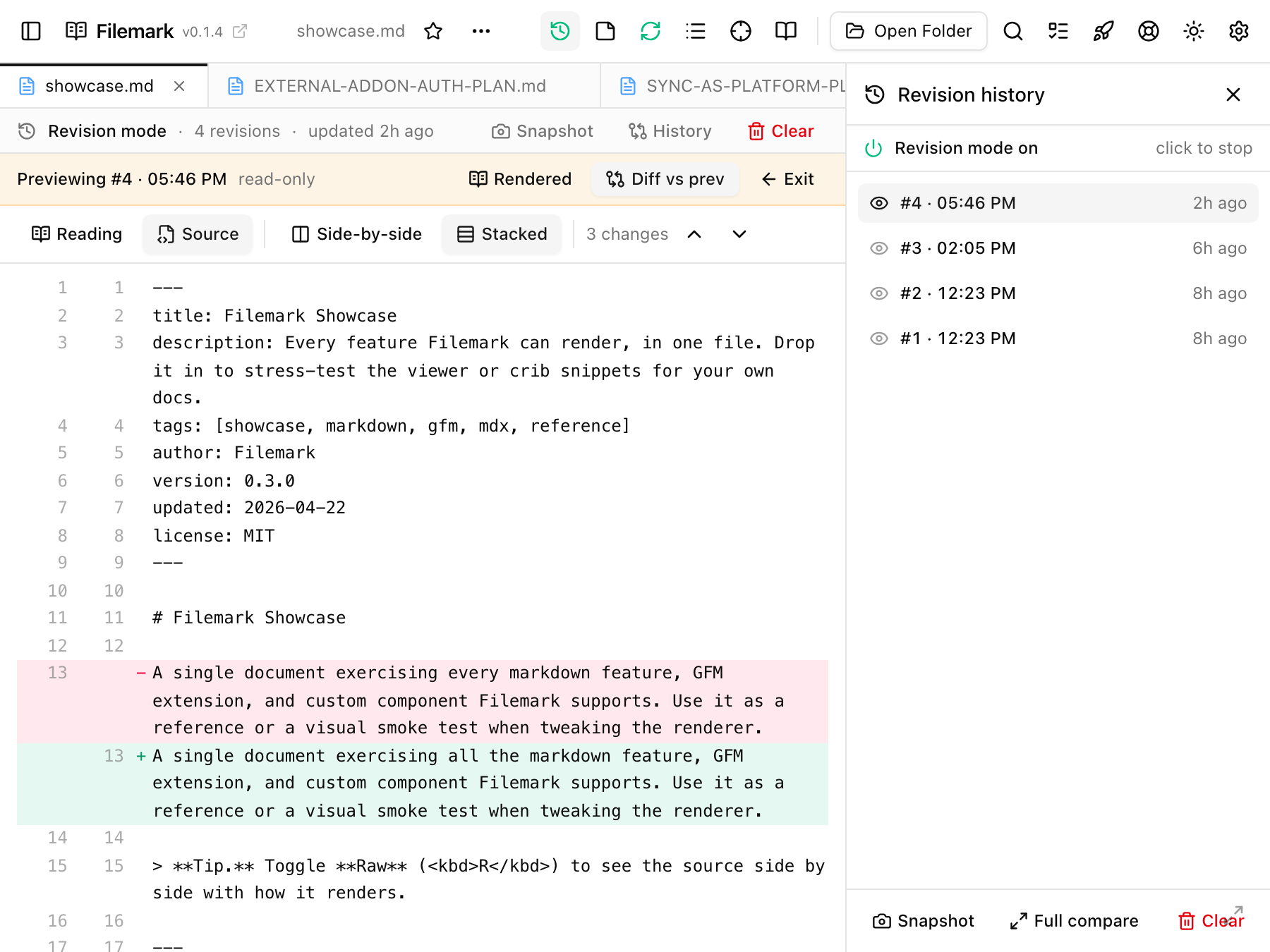 Filemark revision reading diff showing changed sections of a markdown document