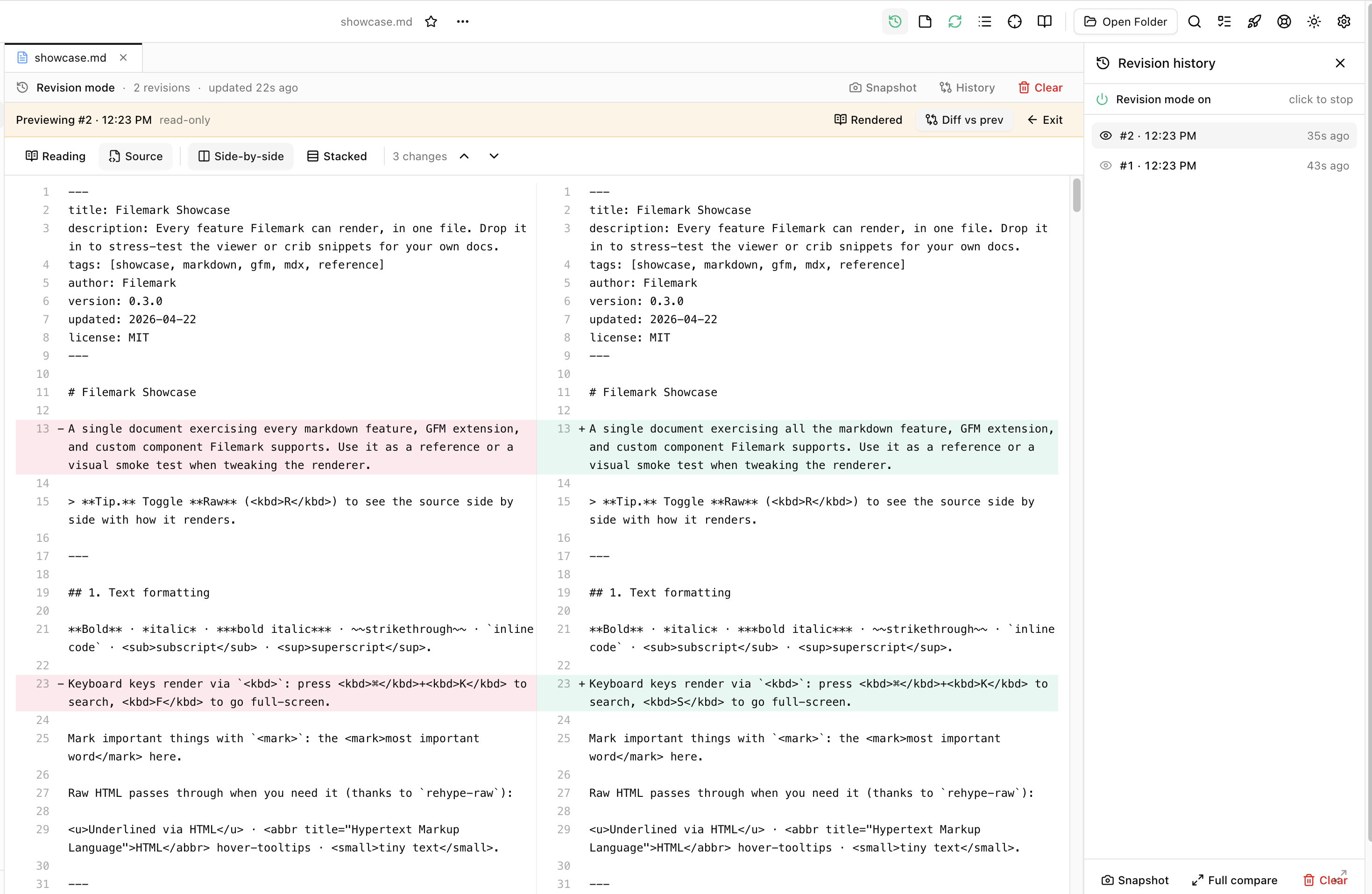 Filemark revision source diff showing raw markdown line changes side by side