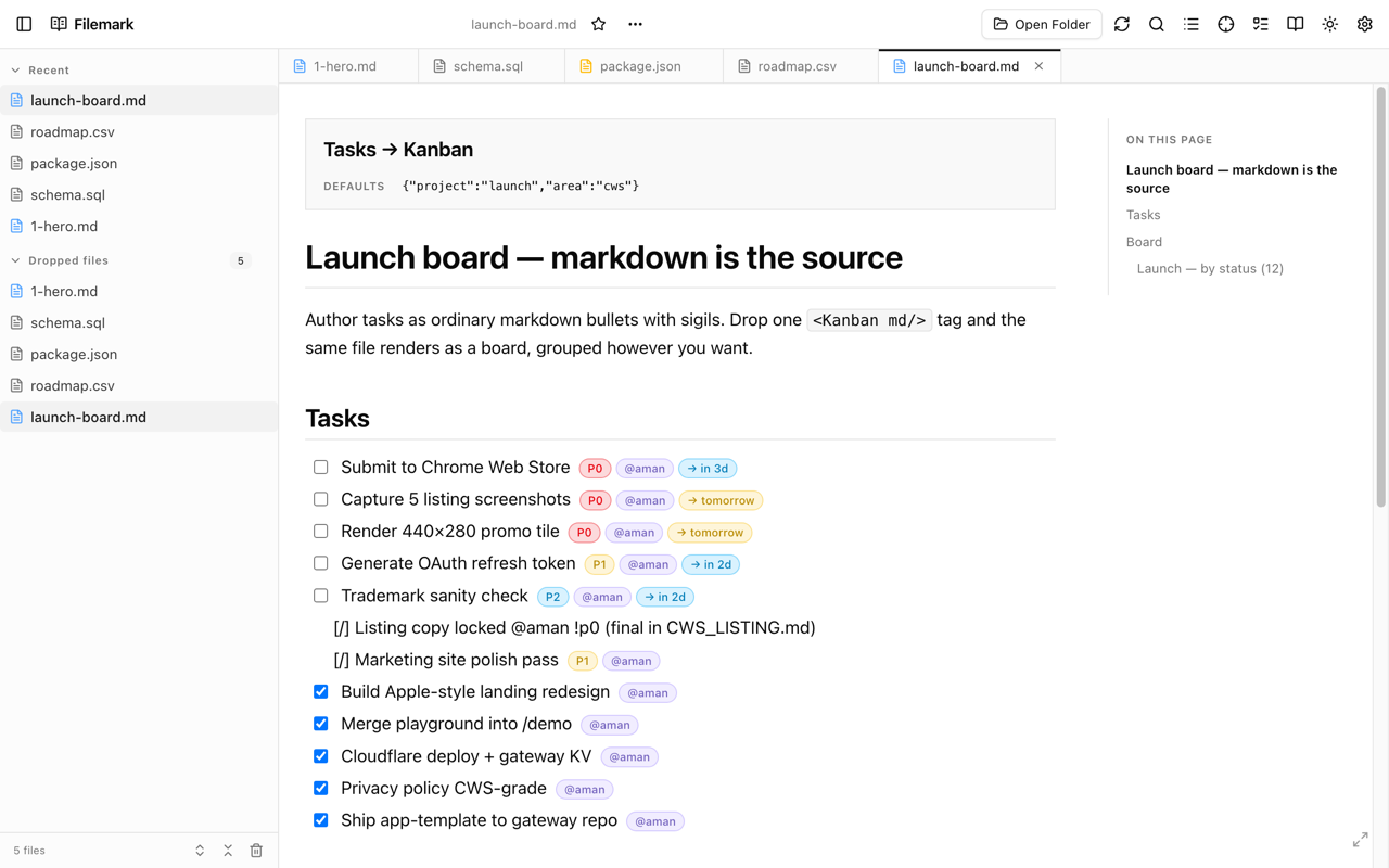 Markdown task list rendered as a kanban board.